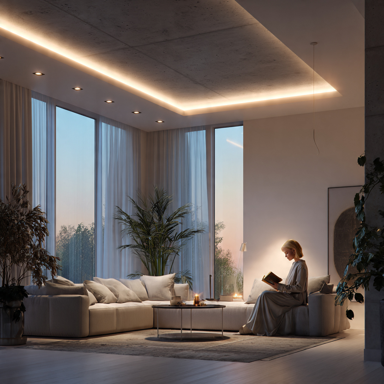 a compact modern living room featuring fall