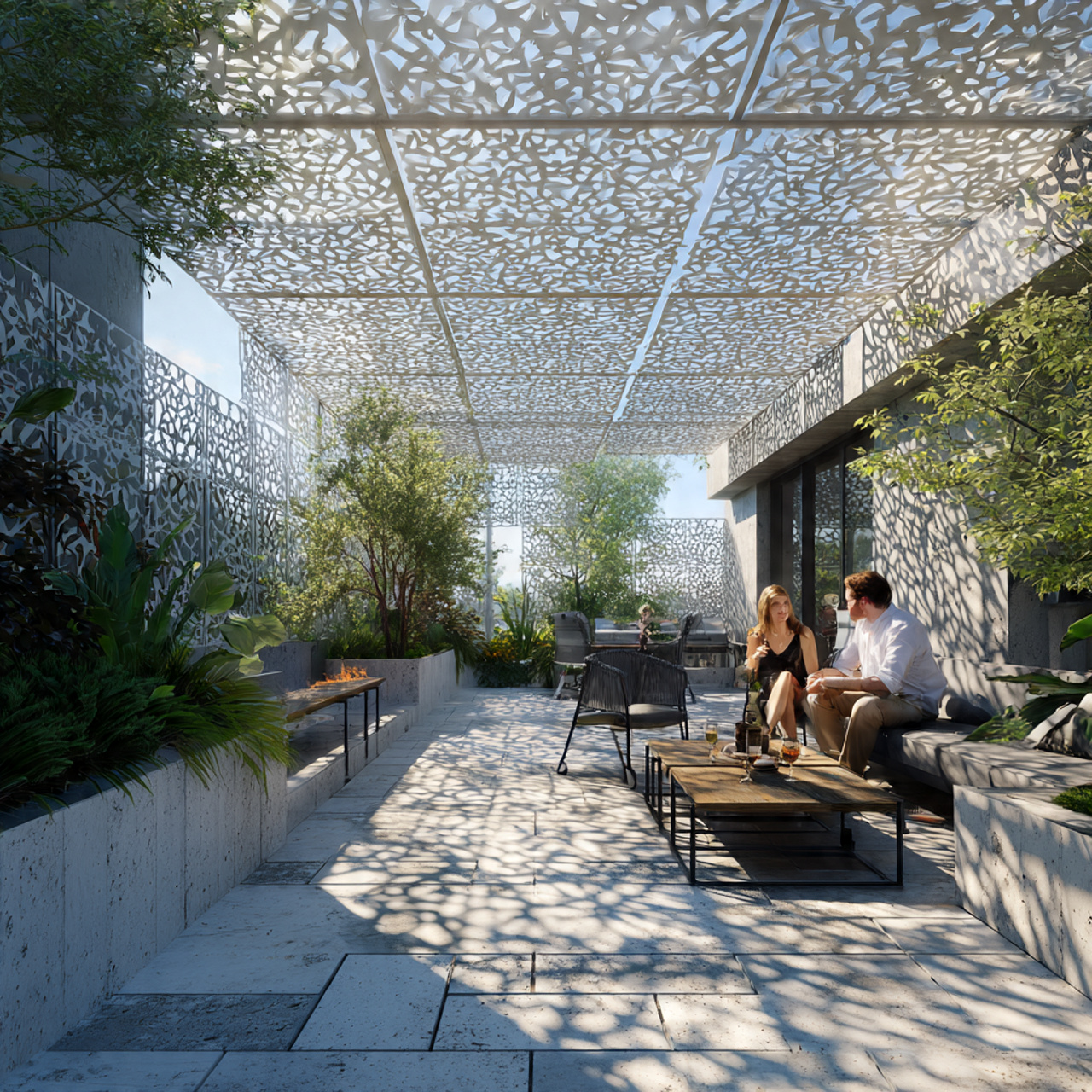 a contemporary backyard patio with geometric laser cut