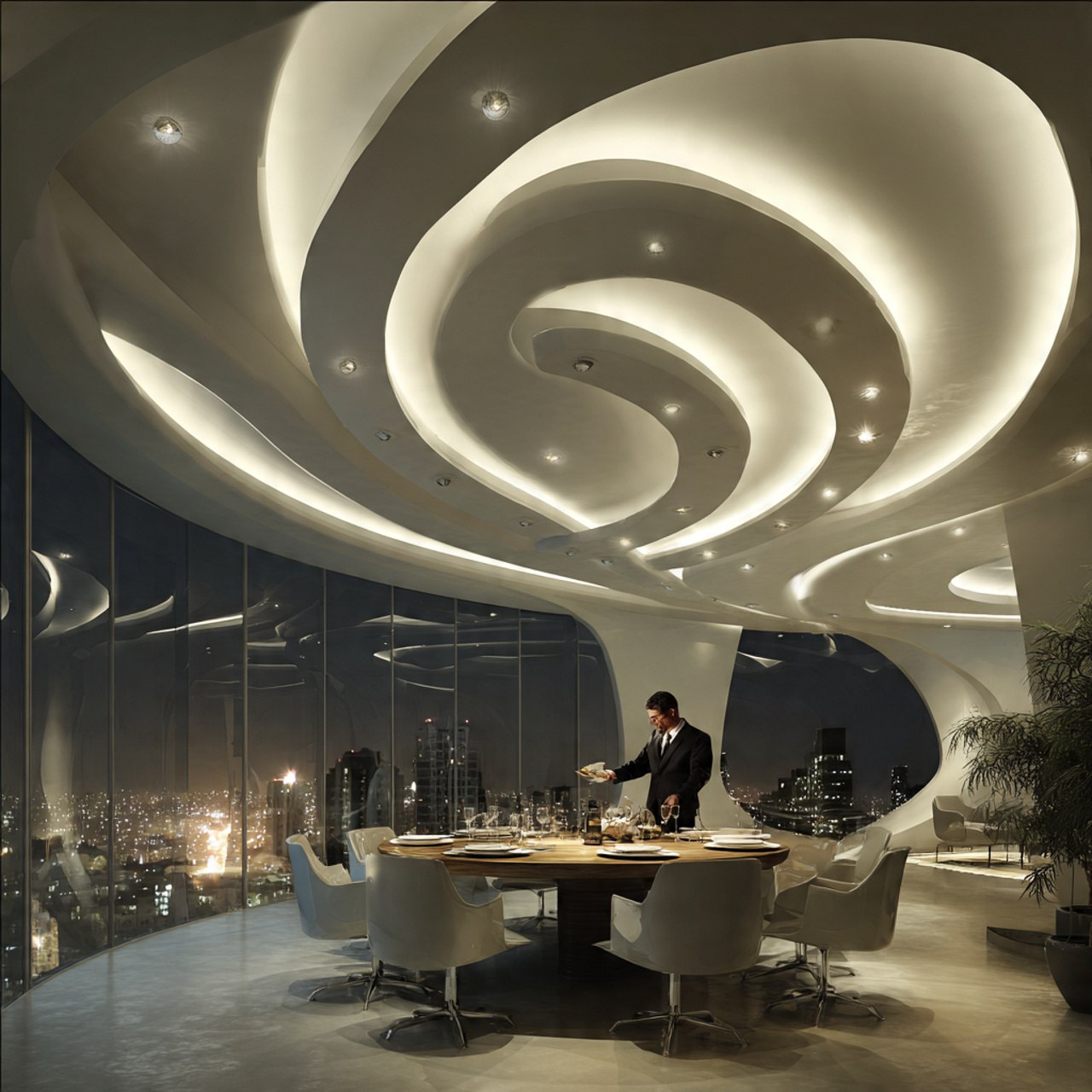 a contemporary dining room showcasing fall ceiling