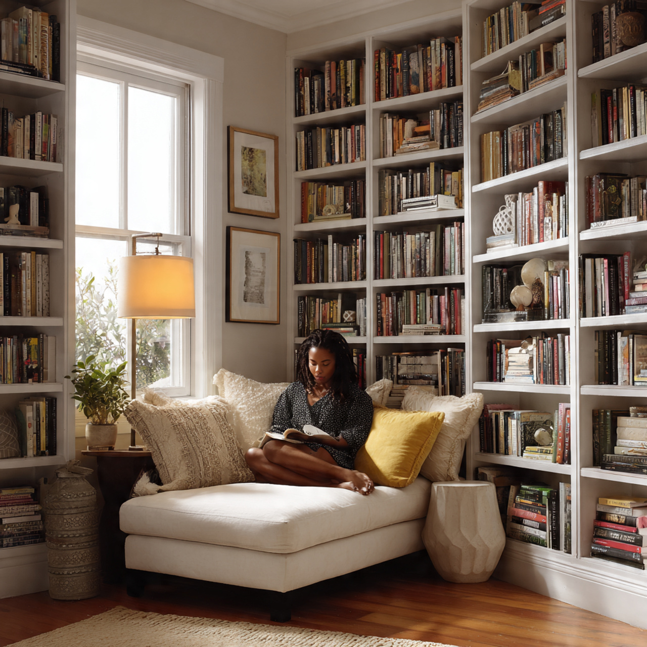 25 Cozy Nook Inspiration Ideas to Create Warm, Inviting Retreats at Home 3 a corner library nook with tall bookshelves