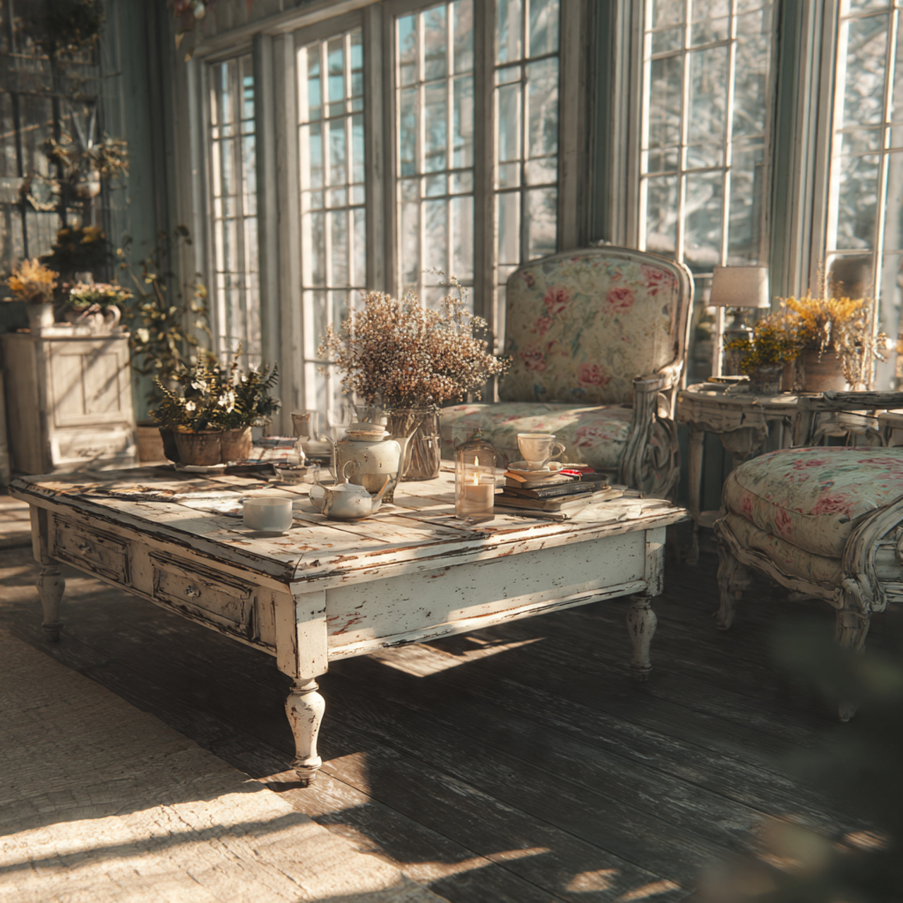 a cottagecore living room featuring a shabby