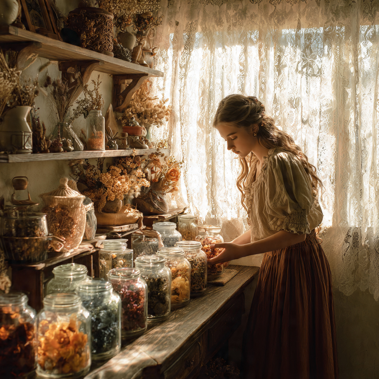 a cottagecore living room with apothecary jar