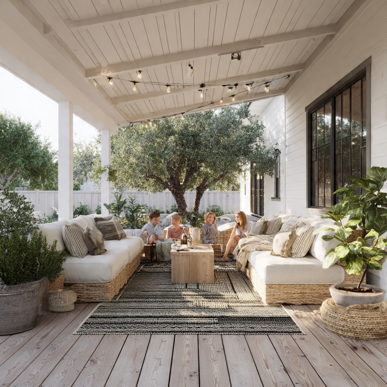 a cozy backyard outdoor living room with