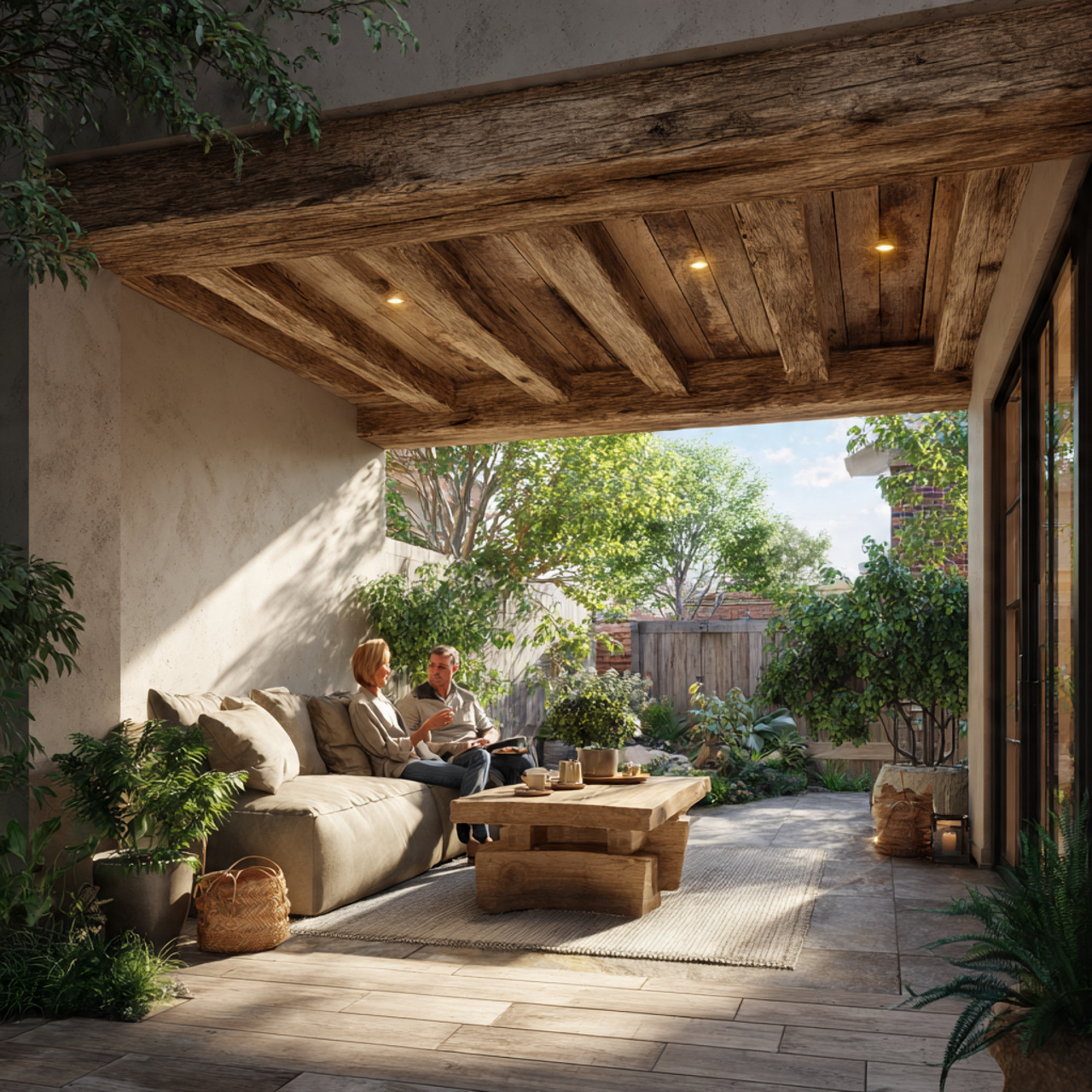 a cozy backyard patio with rustic natural