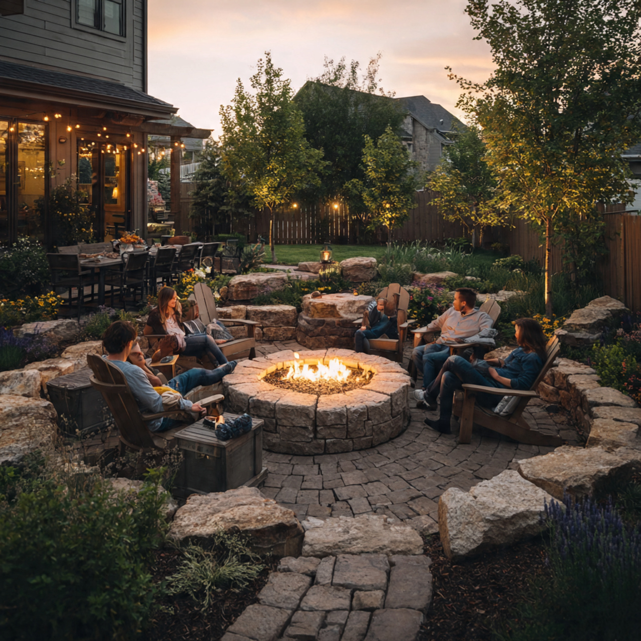 25 Backyard Ideas That Boost Value, Style & Everyday Enjoyment 1 a cozy backyard with a stone fire