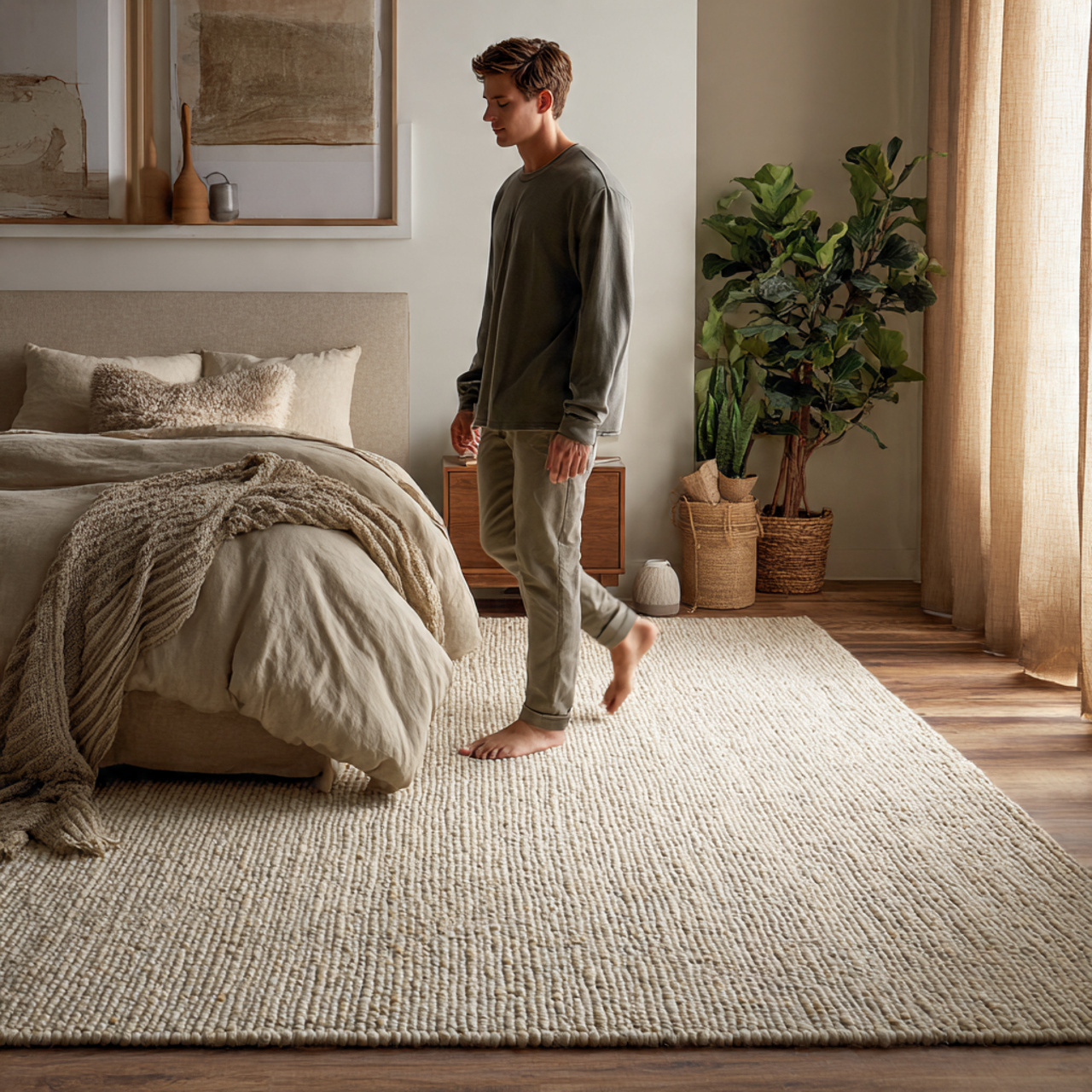 25 Beige Bedroom Ideas for a Calm, Luxurious & Stylish Retreat 9 a cozy bedroom featuring a plush oatmeal