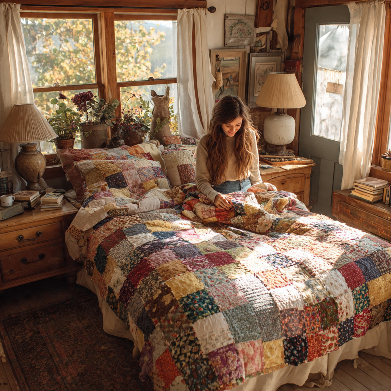 a cozy bedroom with country cottage patchwork