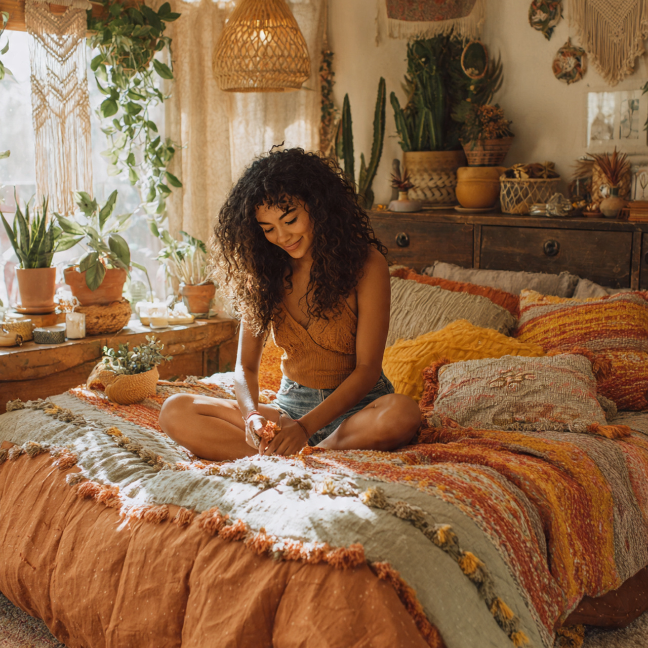 a cozy bohemian style bedroom featuring bedding ideas