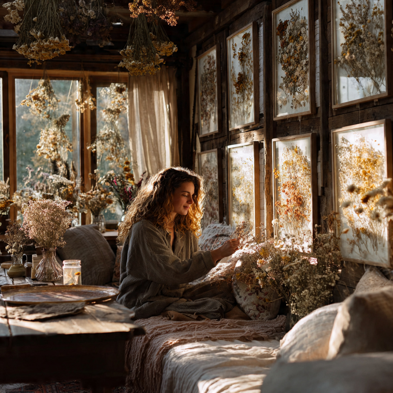 a cozy cottagecore living room featuring dried