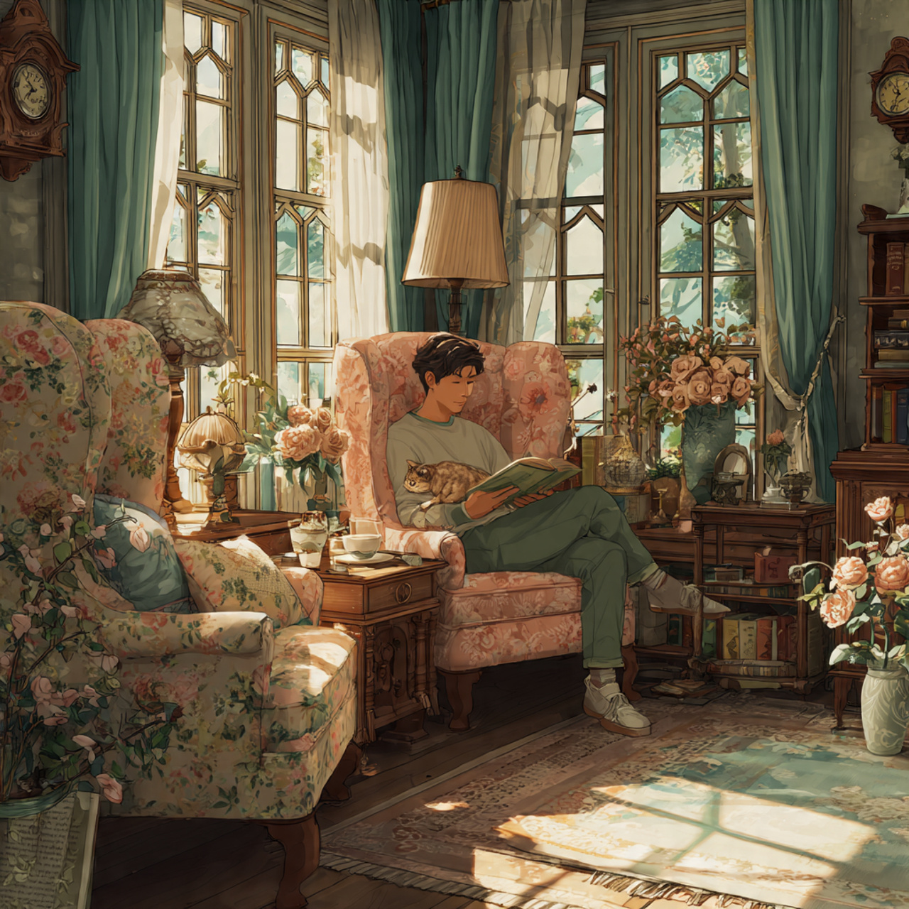 a cozy cottagecore living room featuring overstuffed