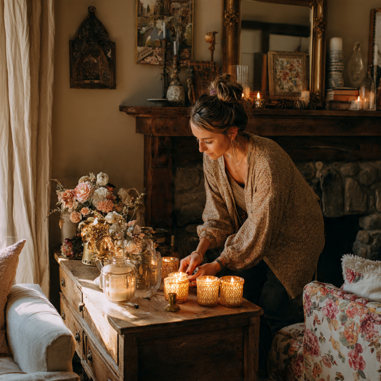 a cozy cottagecore living room featuring thrifted