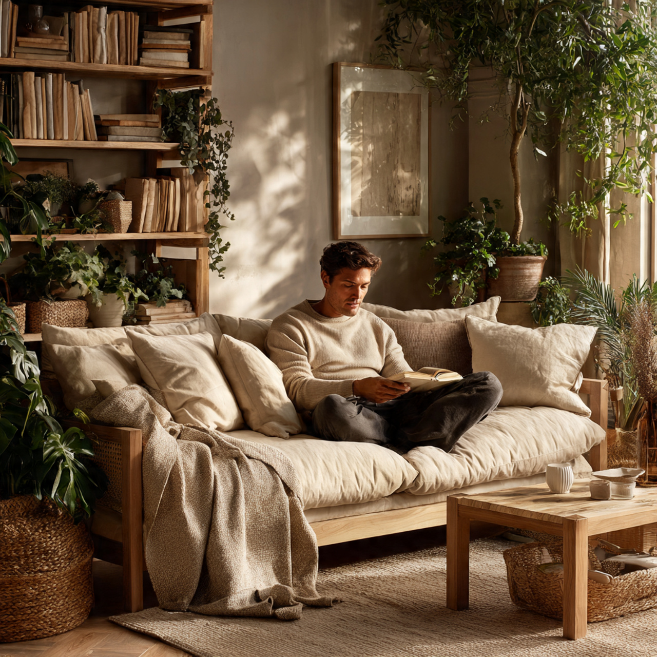 a cozy living room with muted wool