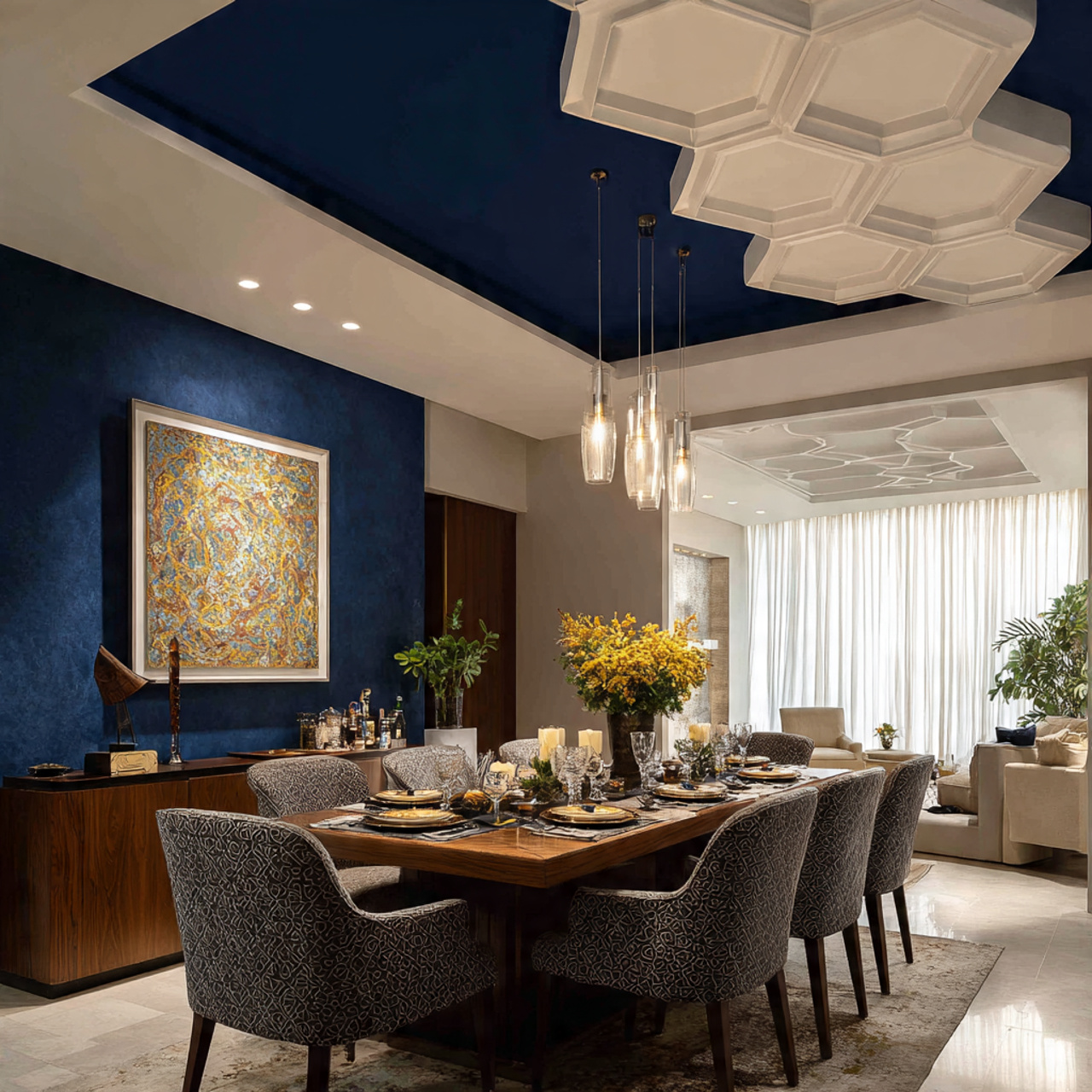 a dramatic modern dining room displaying fall