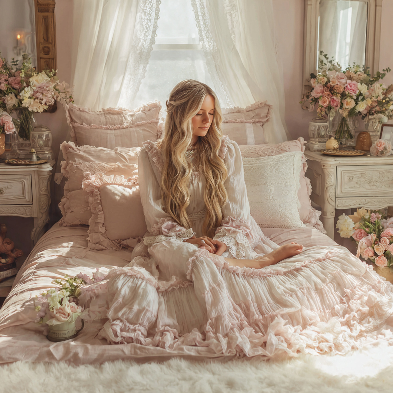 a dreamy bedroom featuring romantic ruffle edge