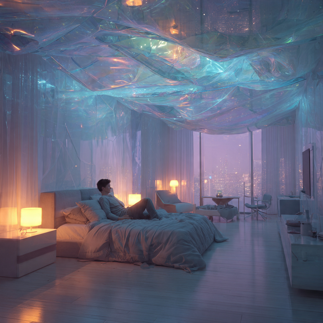 a futuristic bedroom featuring fall ceiling designs