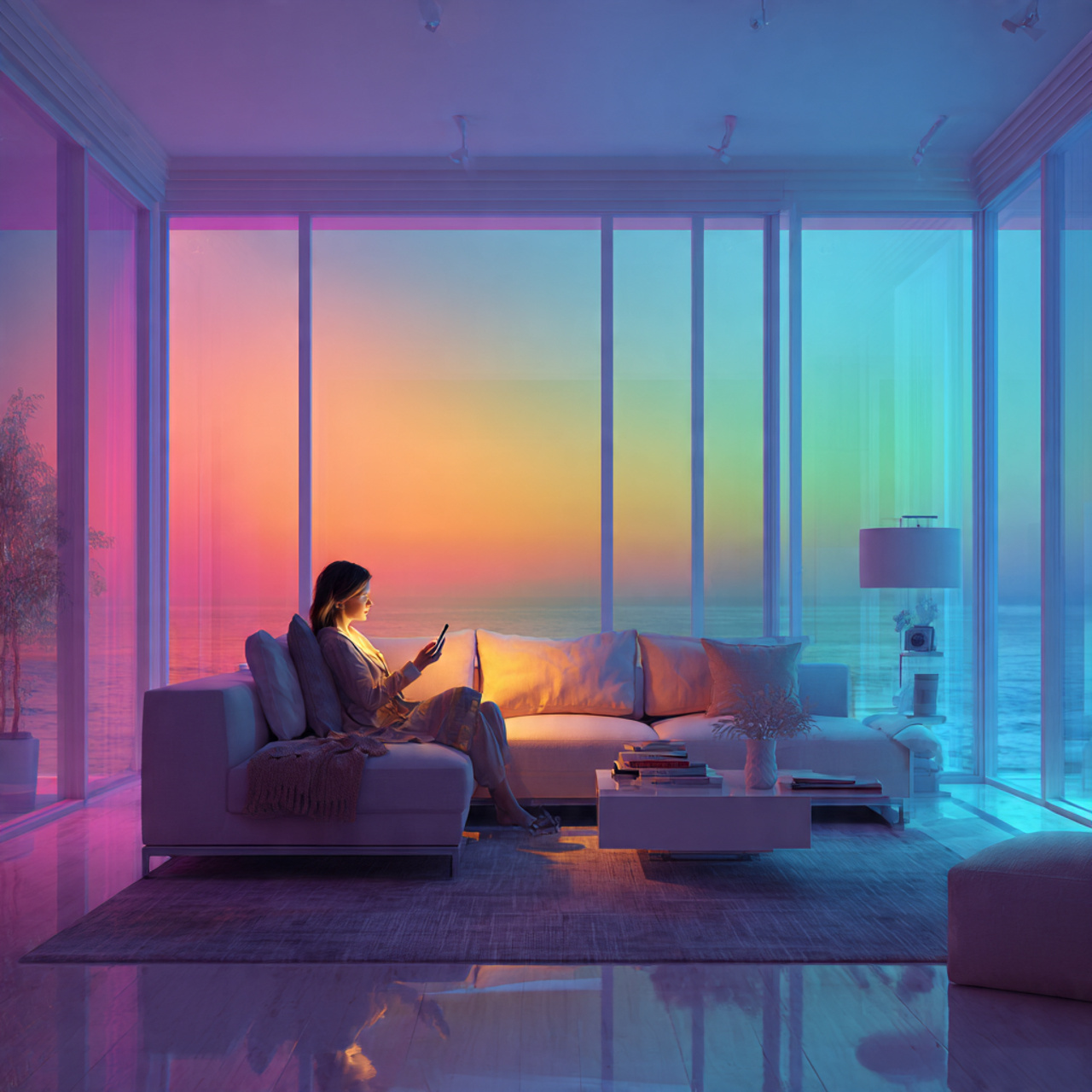 25 Living Room Lighting Ideas to Brighten and Transform Your Home 14 a futuristic living room featuring smart color changing