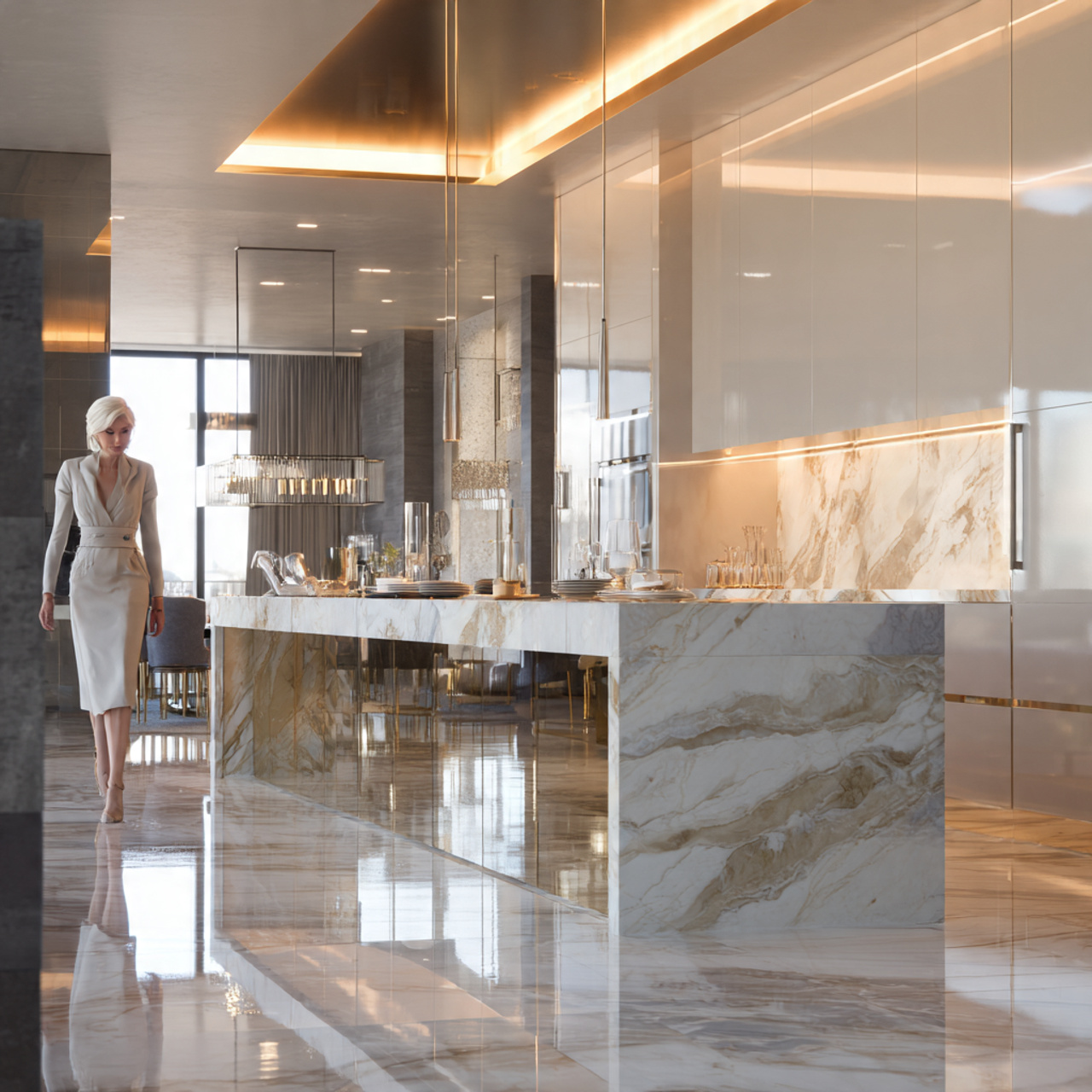 a glamorous modern kitchen showcasing kitchen island