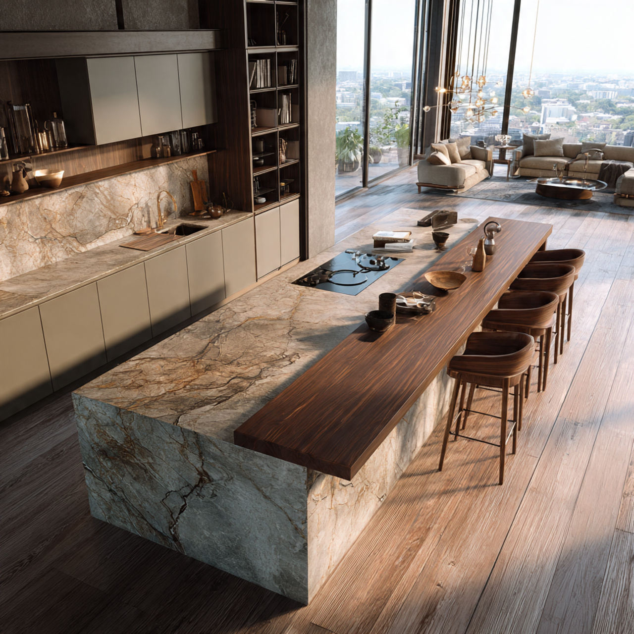 a high end designer kitchen presenting kitchen island