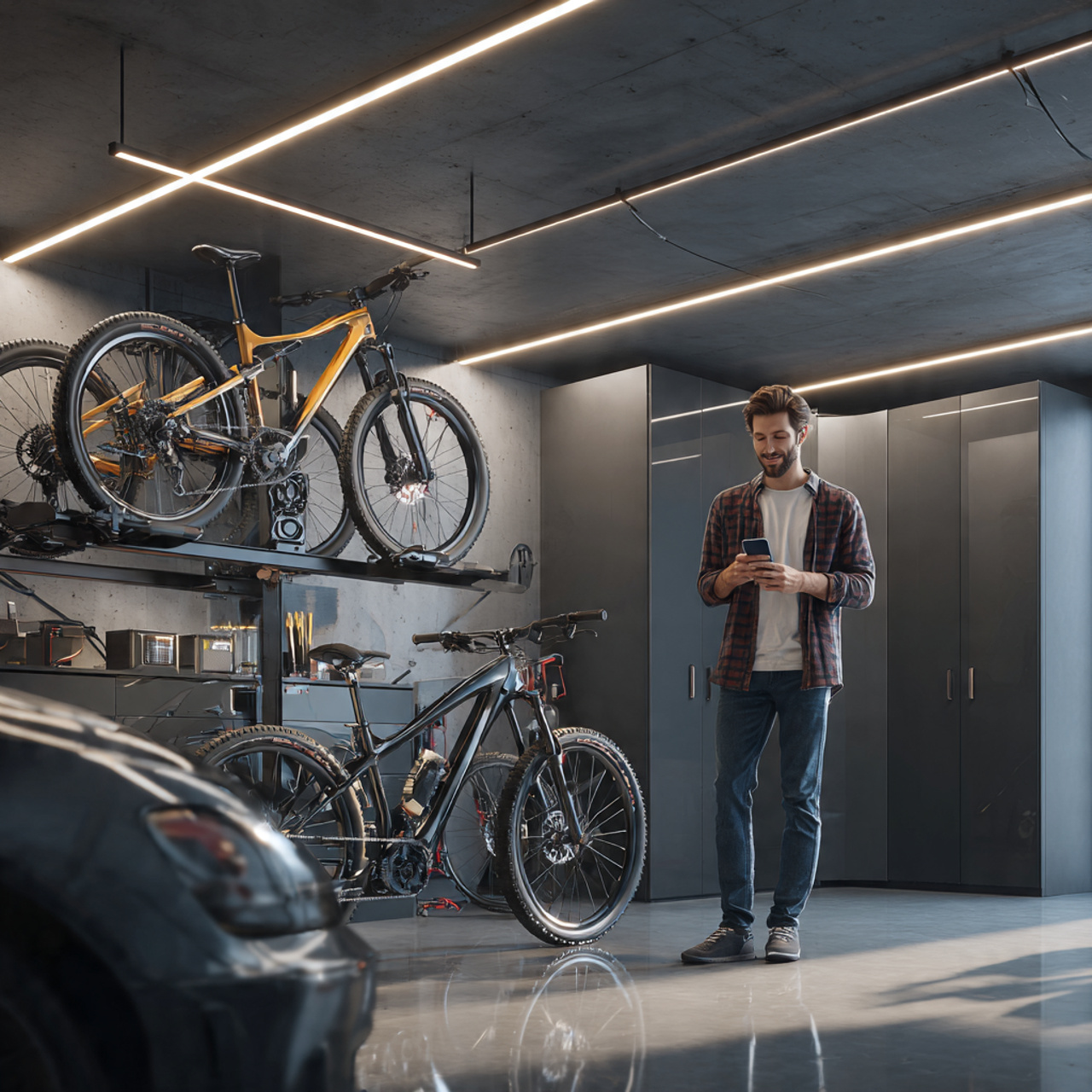 a high end realistic garage scene showcasing garage