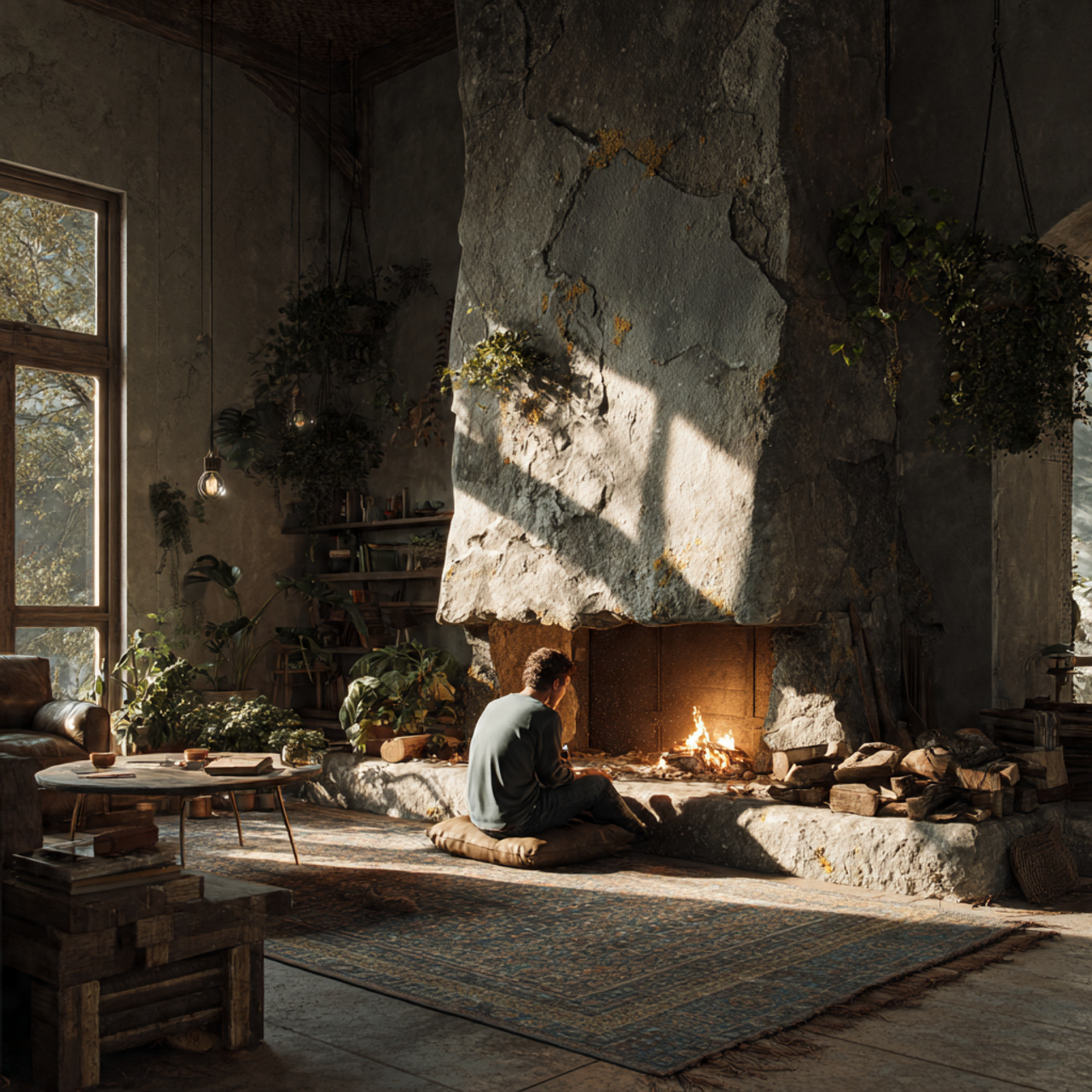 a living room centered around a weathered