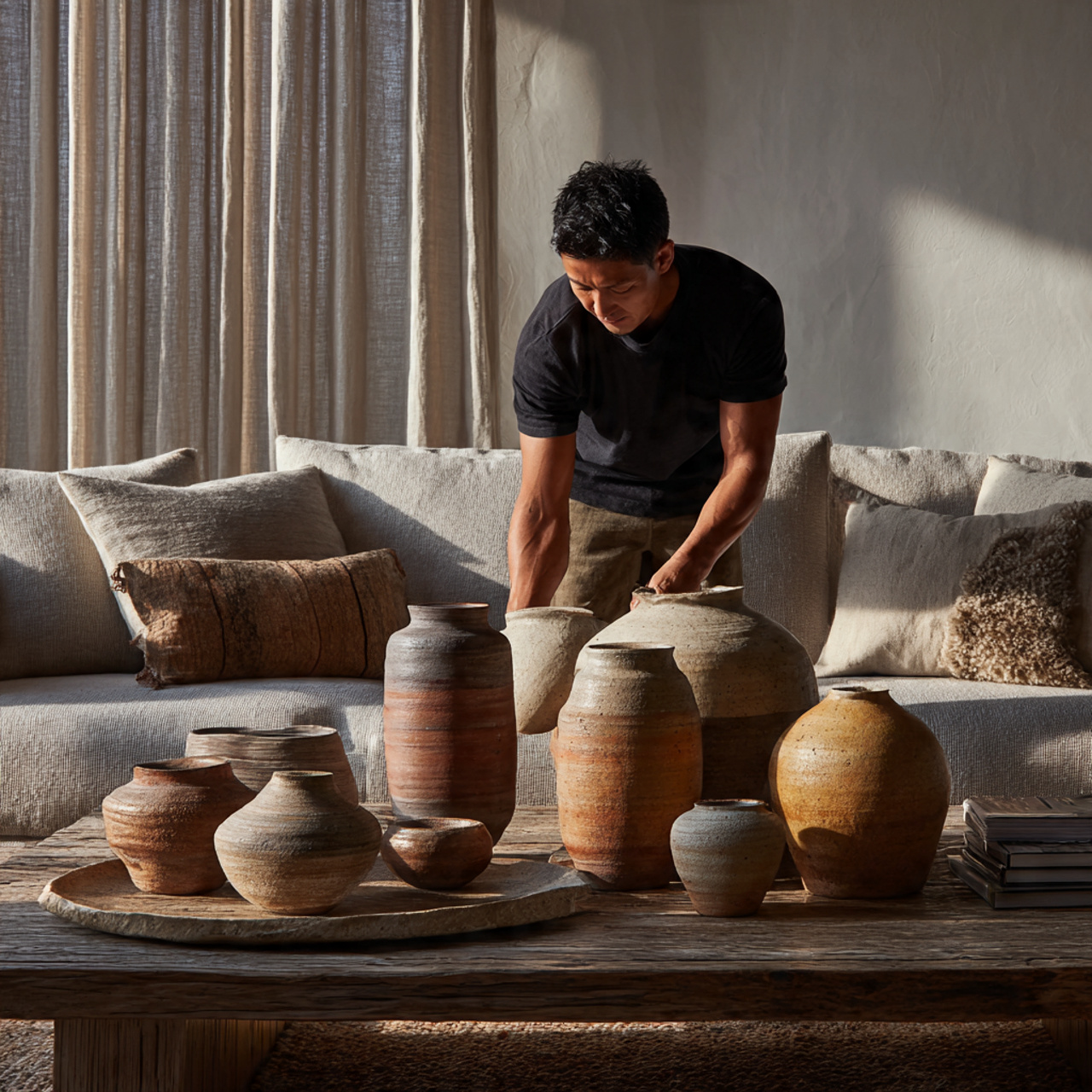 a living room coffee table decorated with