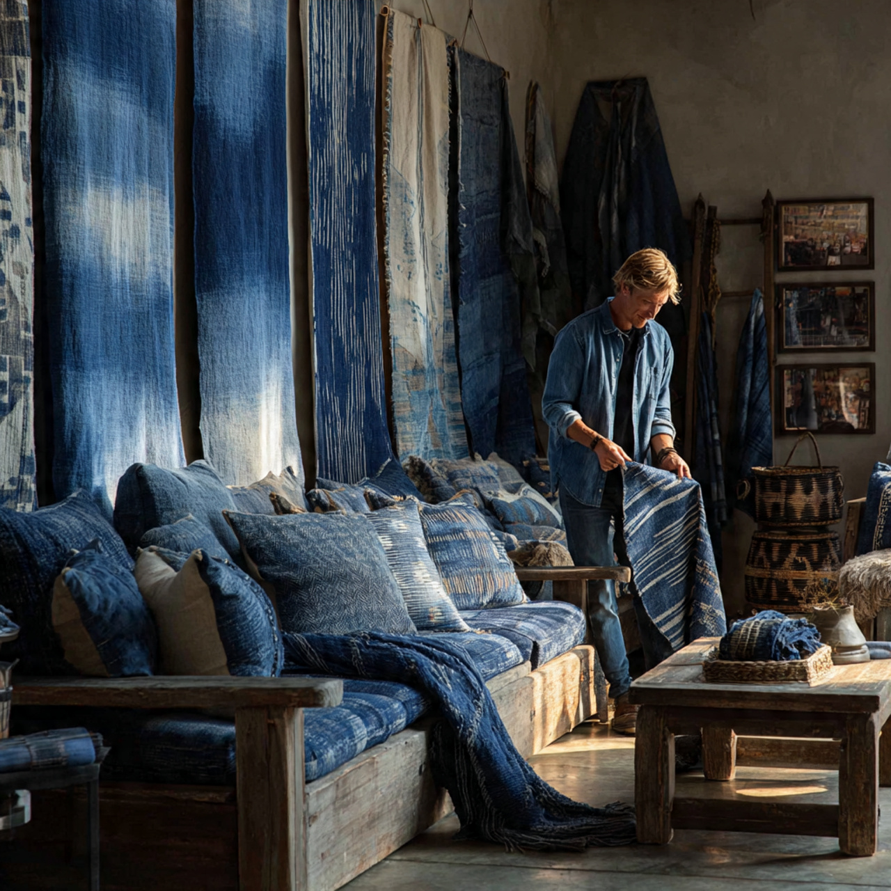 a living room decorated with vintage indigo