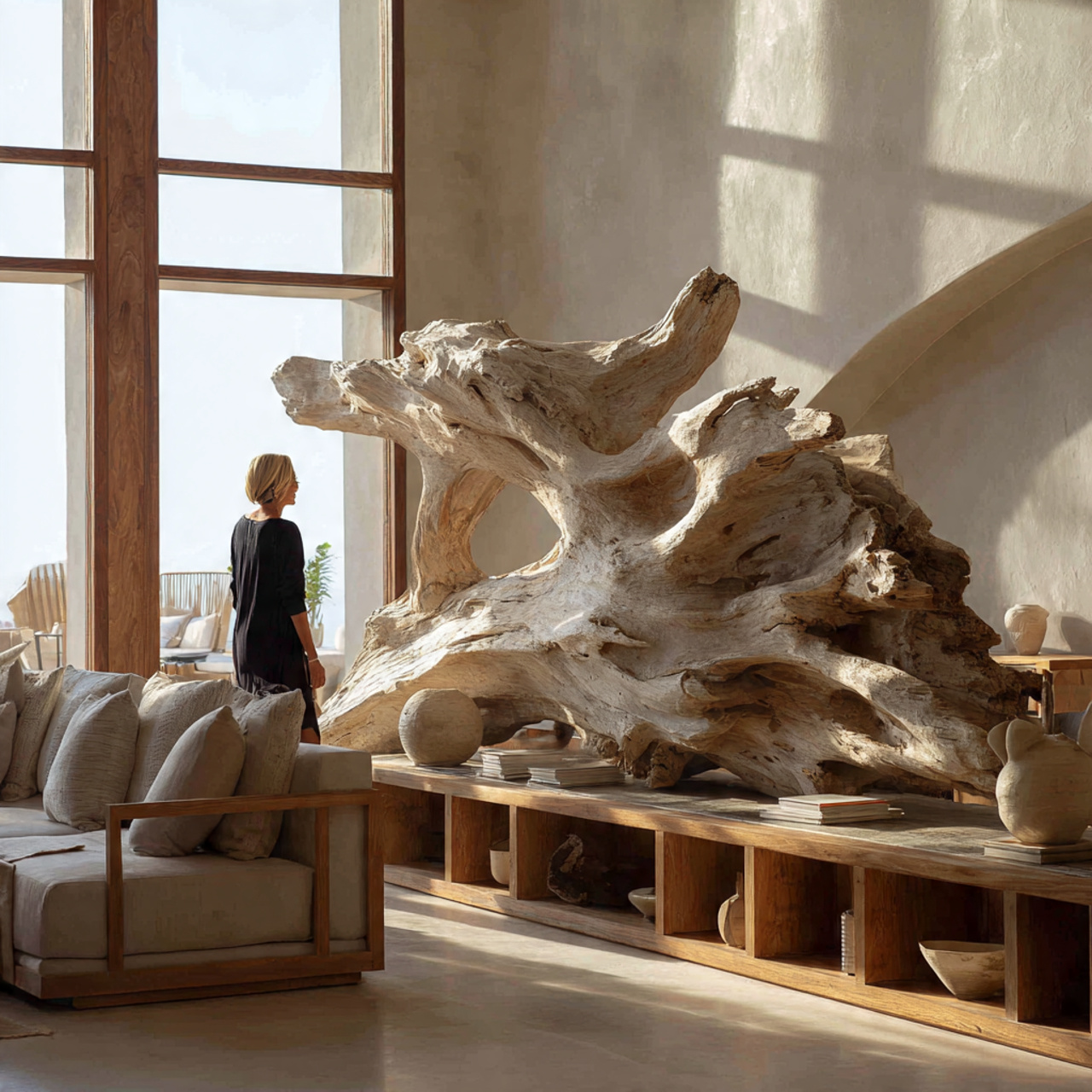 a living room featuring a large driftwood