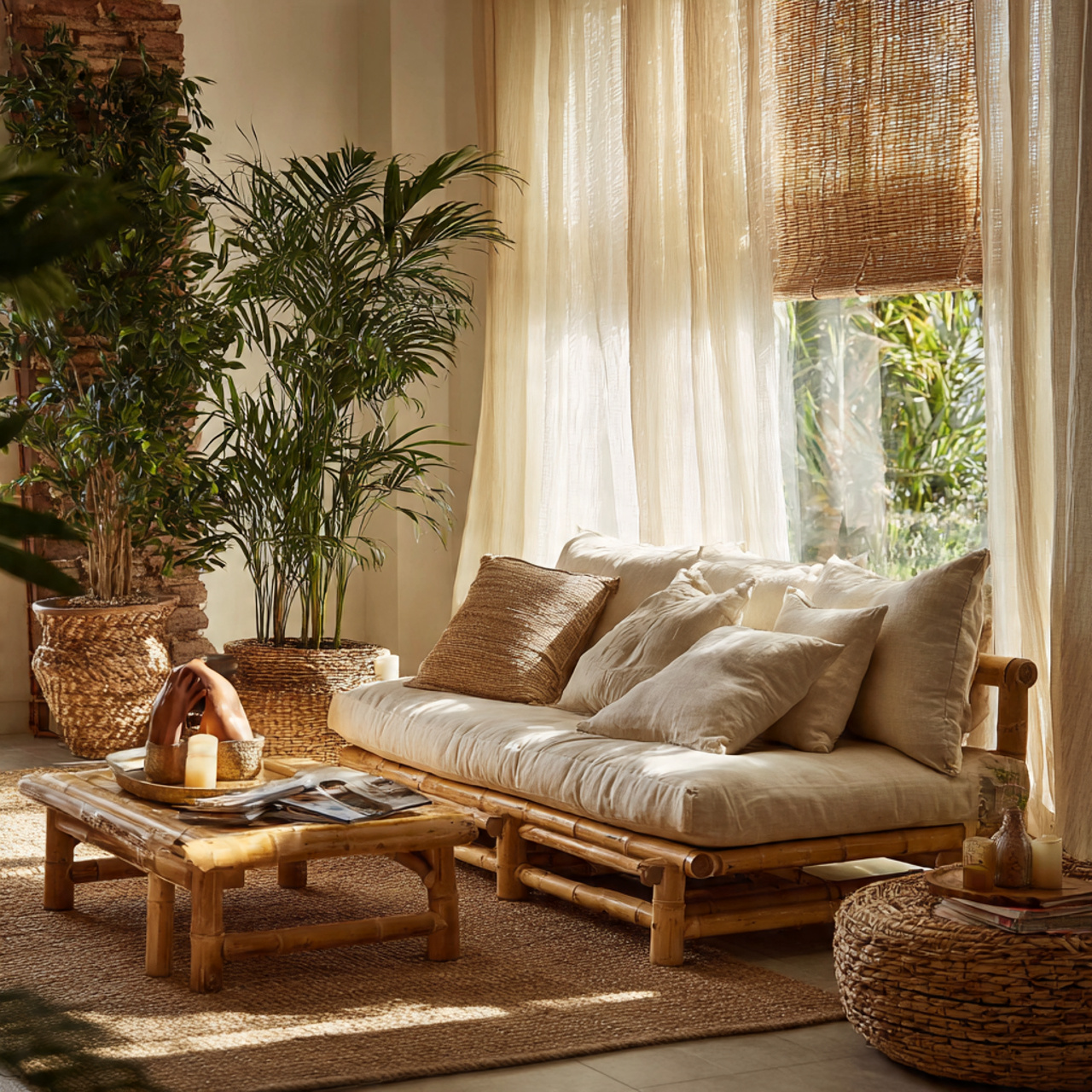 a living room featuring low profile bamboo seating