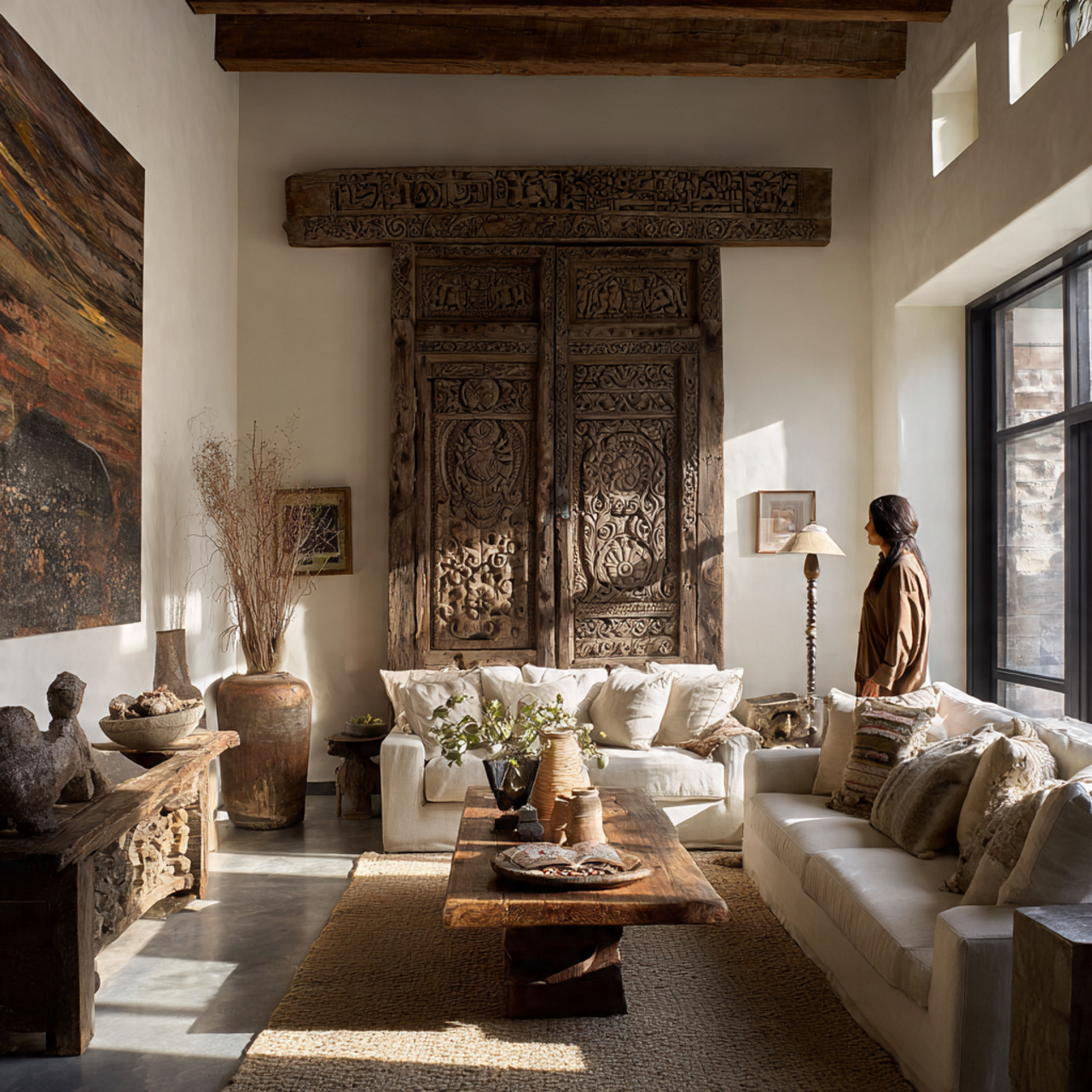 a living room featuring salvaged architectural elements
