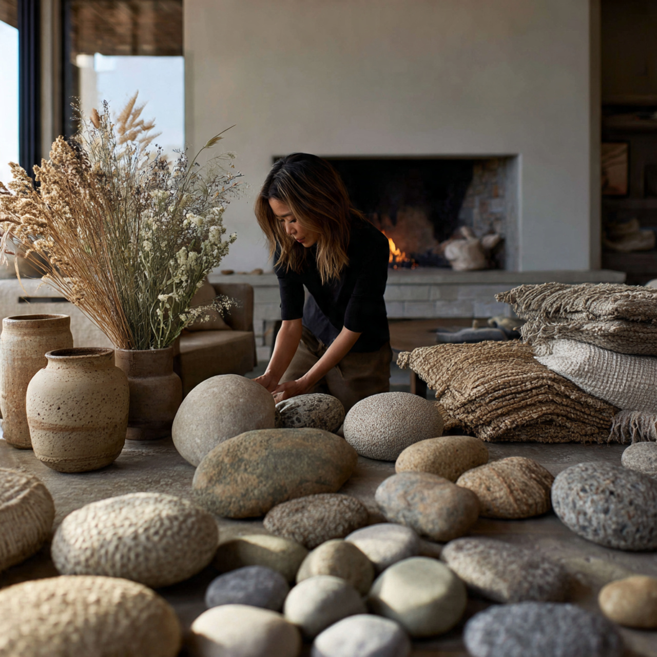 a living room showcasing unpolished river rocks
