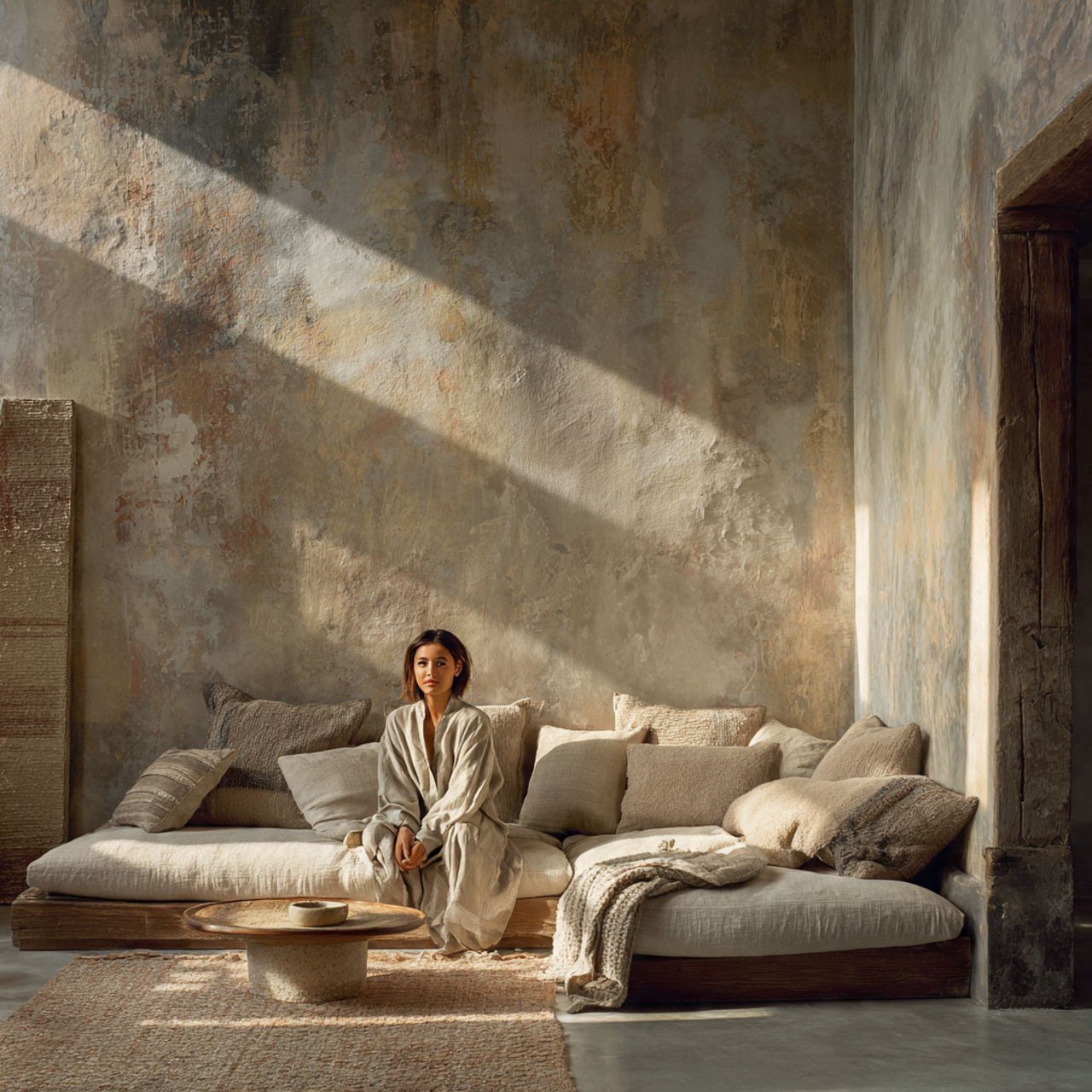 a living room with distressed plaster walls