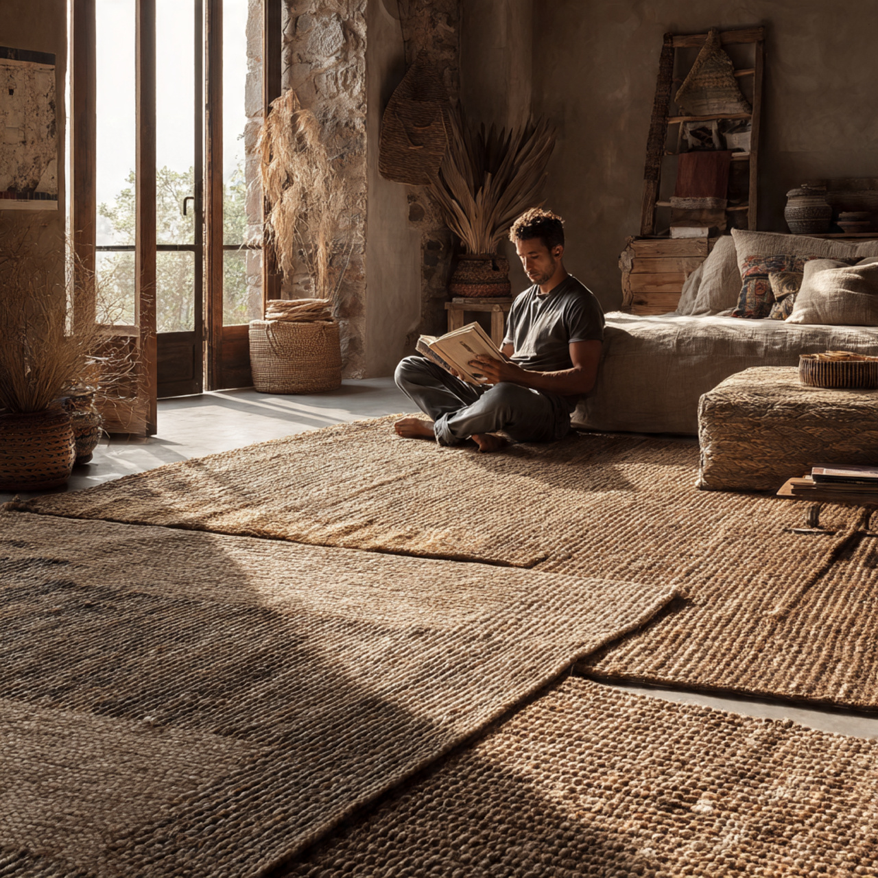 a living room with handwoven hemp rugs