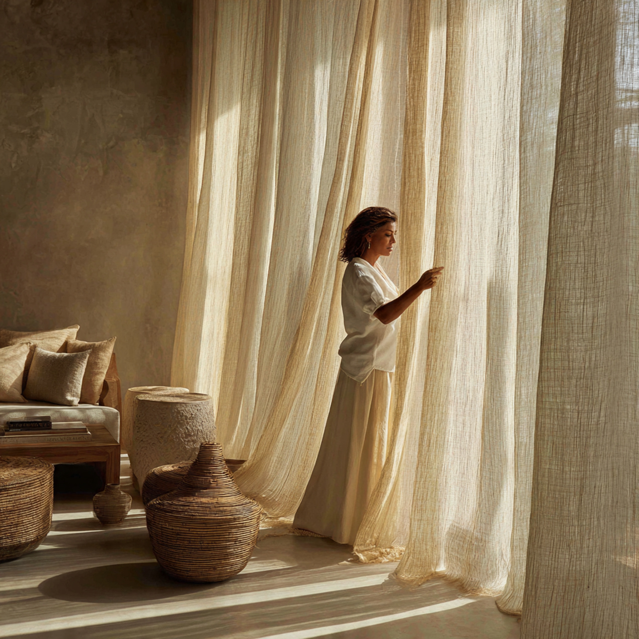 a living room with raw silk curtains