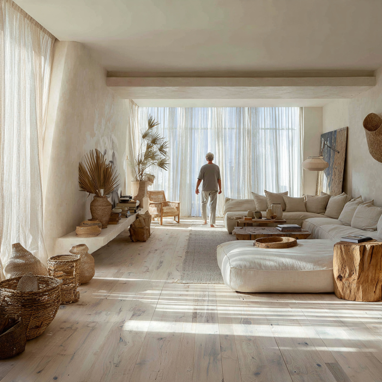 a living room with sun bleached wood flooring