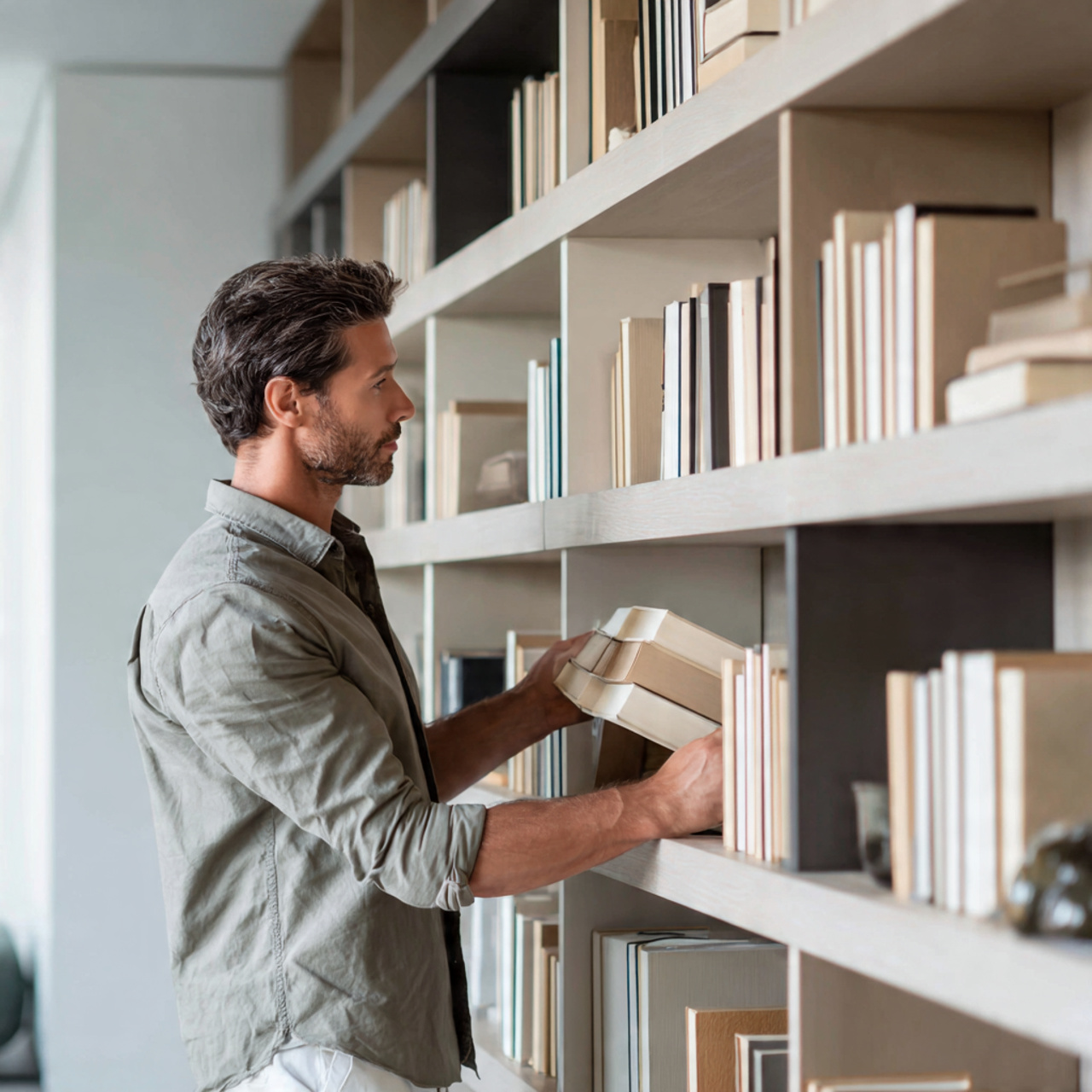 a man organizing books on a built in