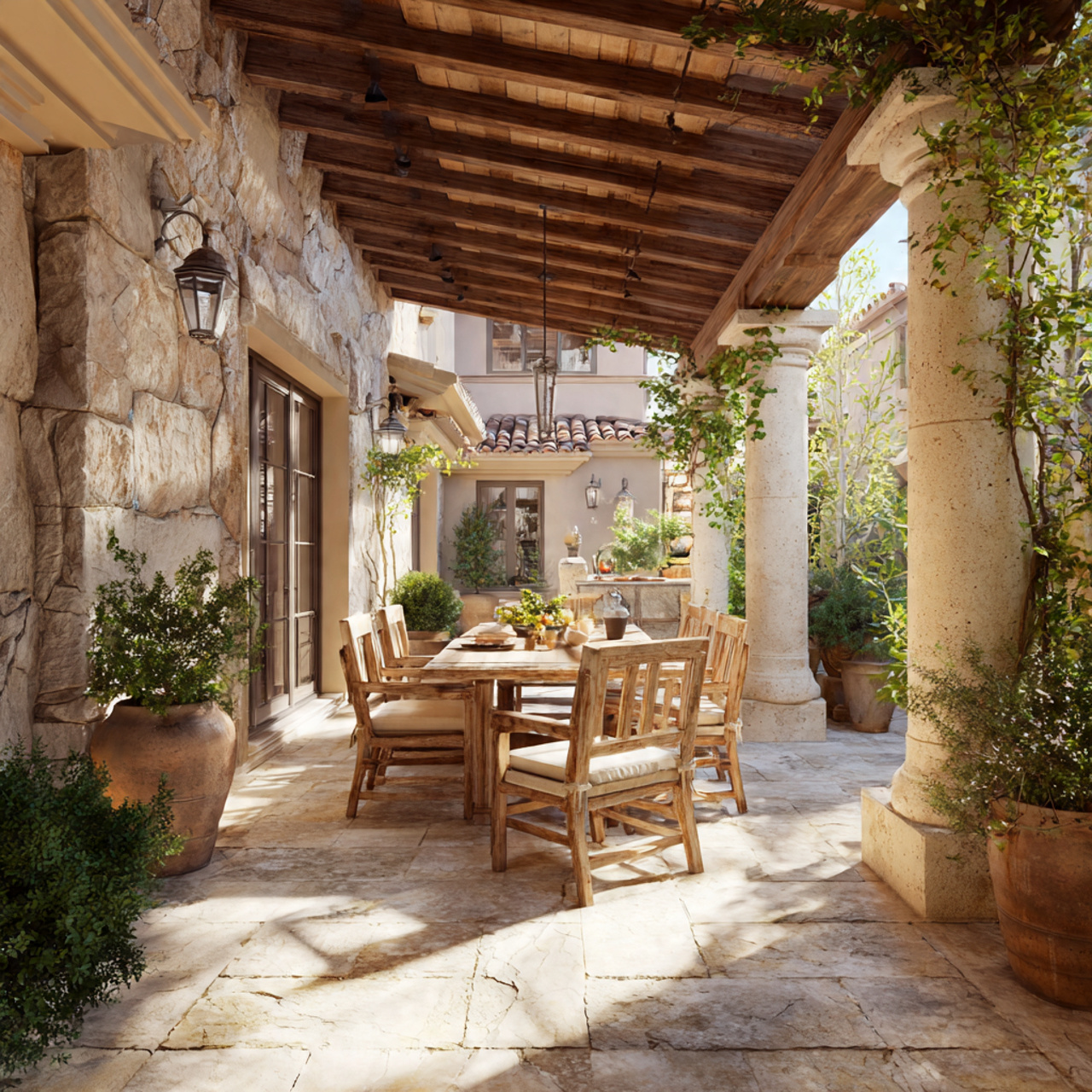 a mediterranean style backyard patio with stone pillars