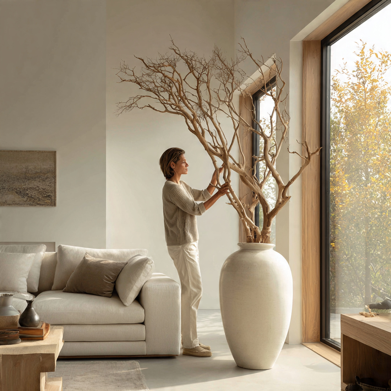 a minimalist living room featuring a tall