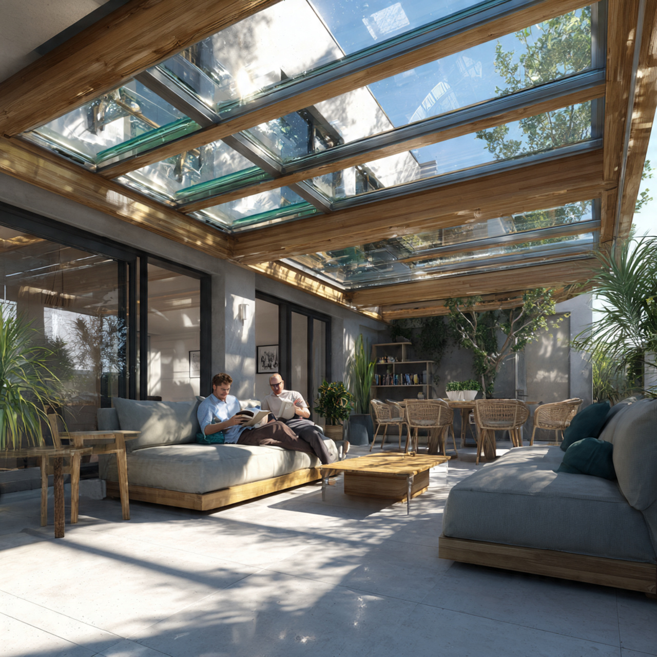 a modern backyard patio with an integrated