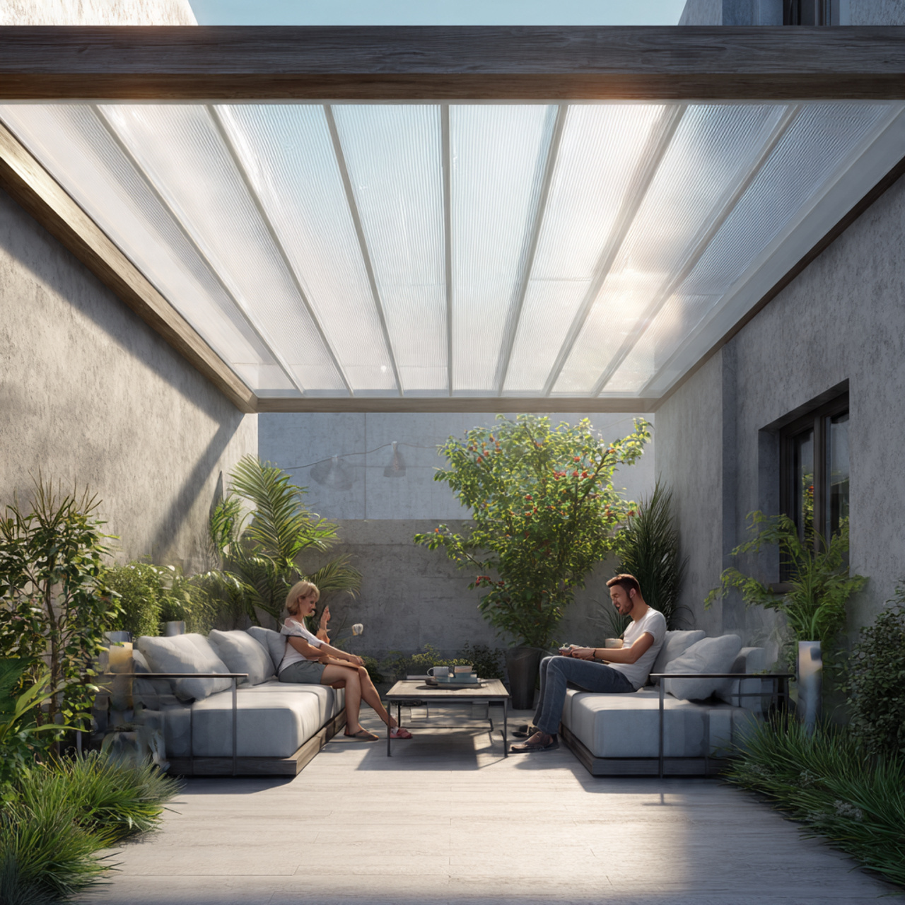 a modern backyard patio with translucent polycarbonate