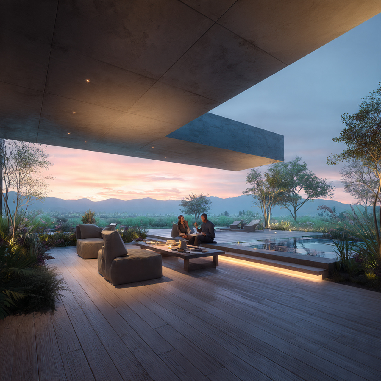 a modern backyard with a cantilevered roof