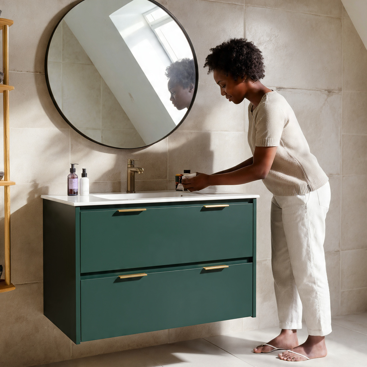 25 Green Bathroom Ideas: Elegant, Modern & Nature-Inspired Designs 3 a modern bathroom with a deep forest