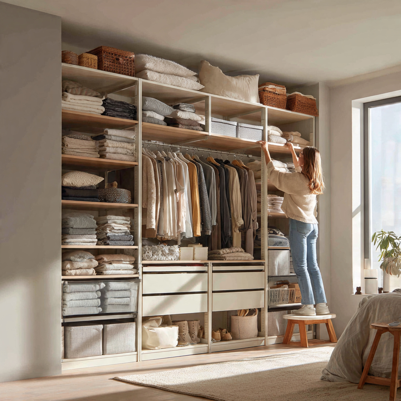 25 Best Closet Organization Ideas for a Stylish, Clutter-Free Space 1 a modern bedroom closet showcasing vertical storage