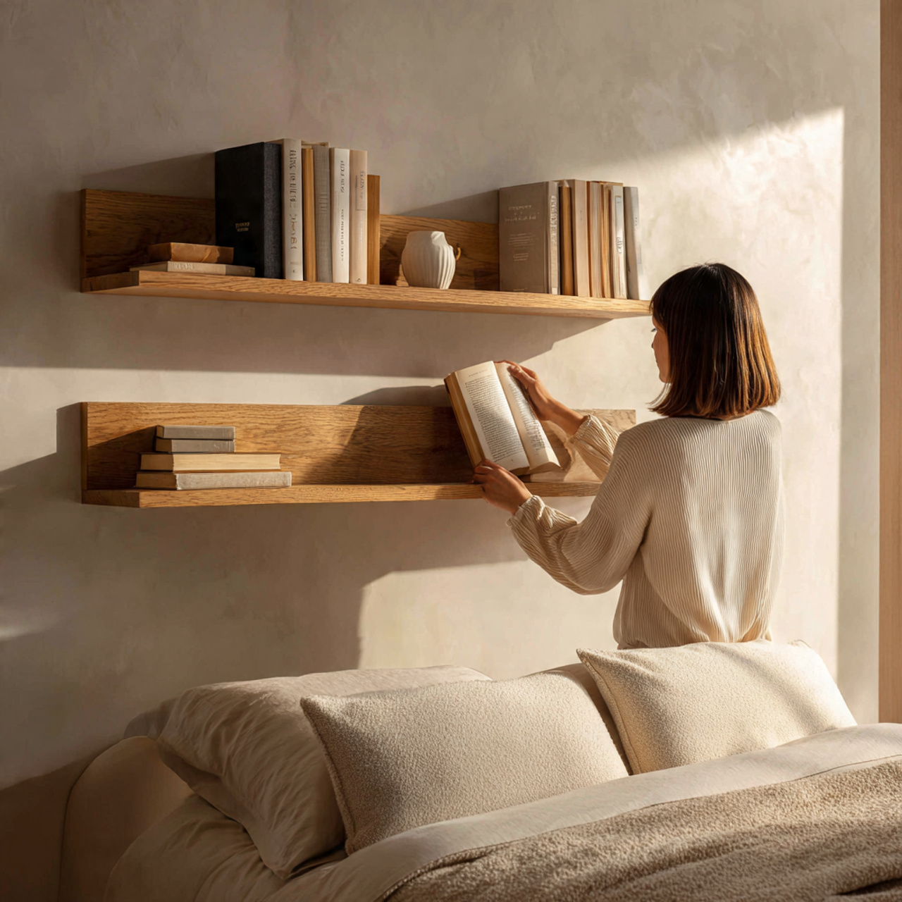 25 Bedroom Wall Ideas for a Stylish, Cozy & Luxurious Home Retreat 9 a modern bedroom featuring floating oak shelves