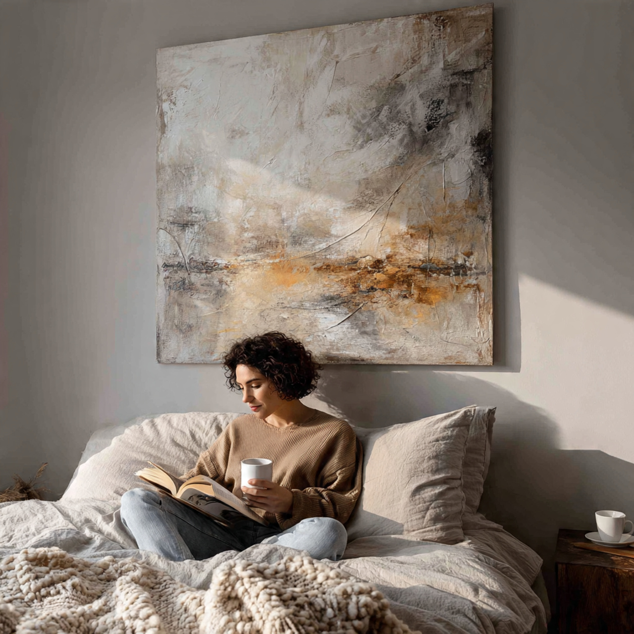 25 Bedroom Wall Ideas for a Stylish, Cozy & Luxurious Home Retreat 1 a modern bedroom featuring oversized abstract canvas