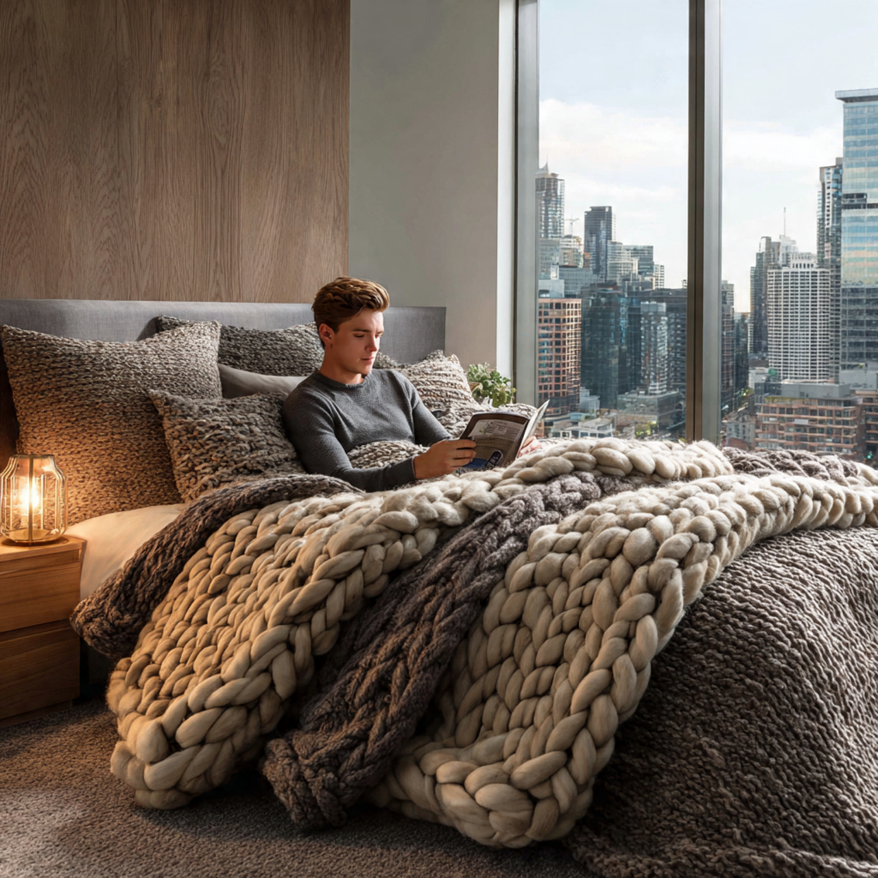 a modern bedroom featuring oversized chunky knit