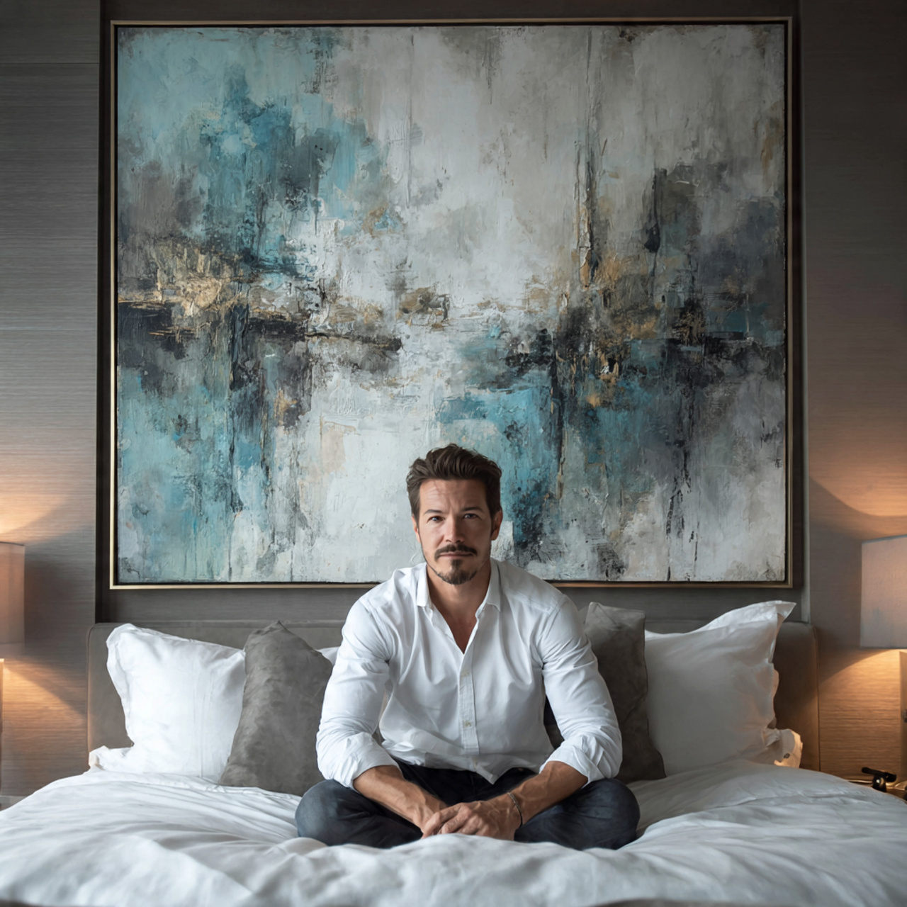 25 Romantic Bedroom Ideas for a Warm, Elegant & Dreamy Space 19 a modern bedroom with large abstract wall