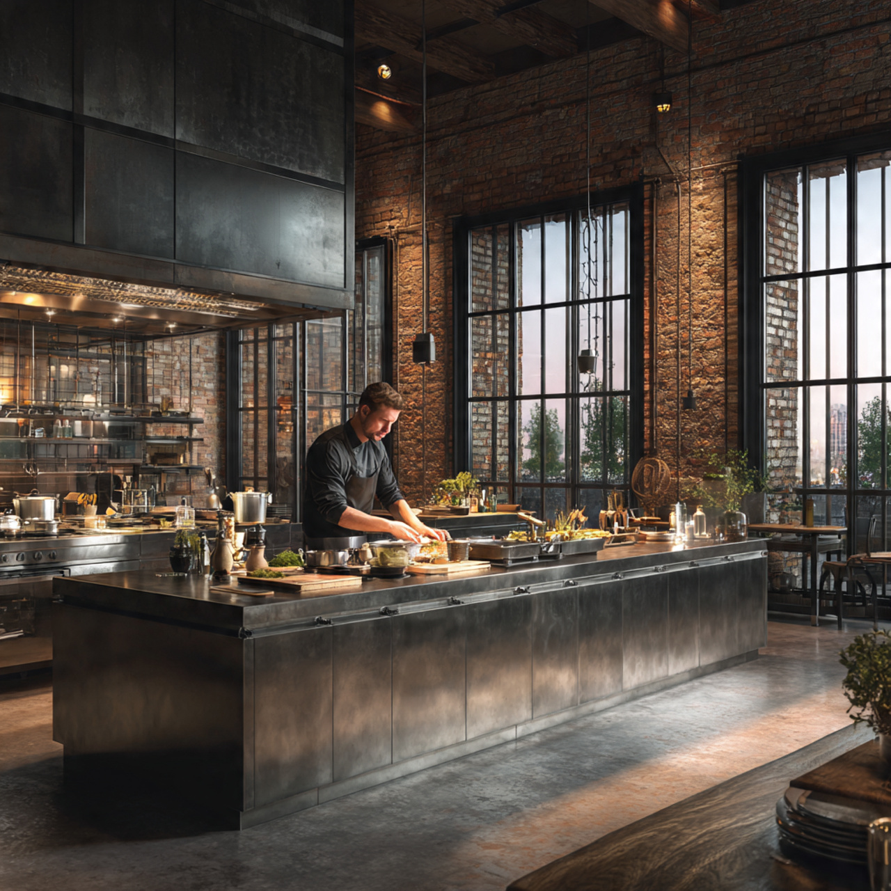 a modern industrial kitchen displaying kitchen island