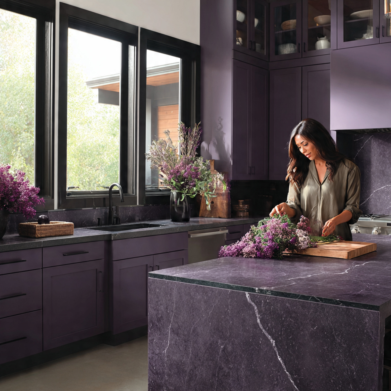 25 Stunning Dark Kitchen Cabinets Ideas for Modern Homes 21 a modern kitchen featuring nightshade purple accent