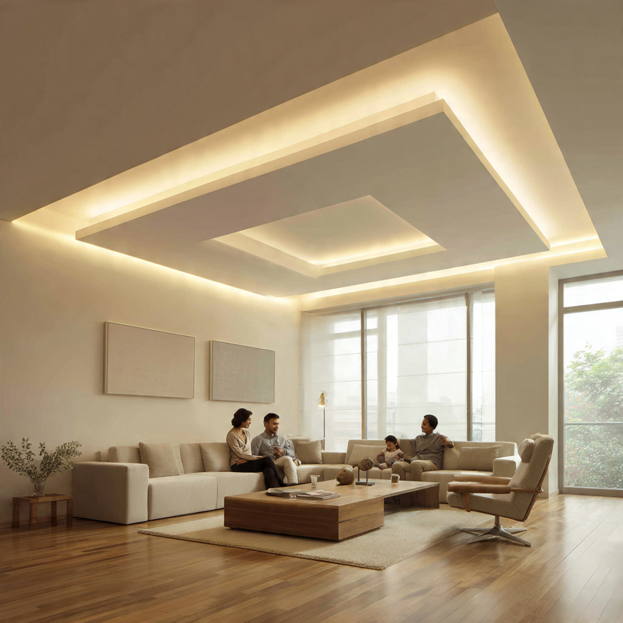 a modern living room showcasing fall ceiling