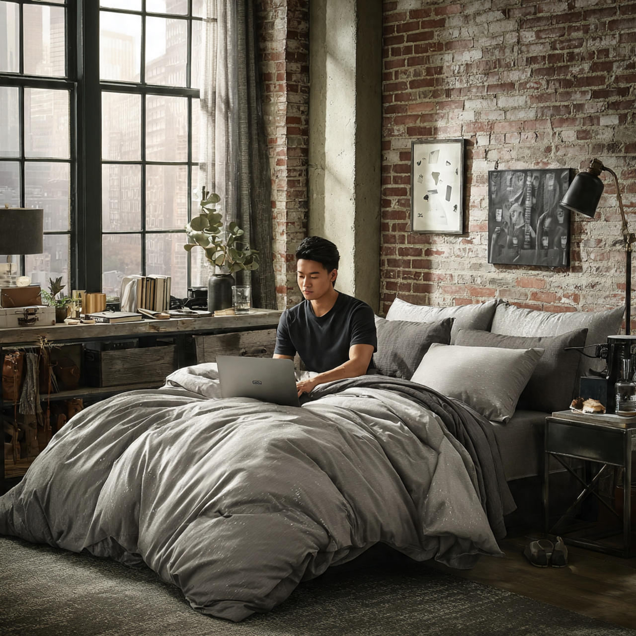a modern loft style bedroom showcasing industrial loft